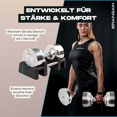 Frau mit verstellbaren Hanteln für Stärke und Komfort.