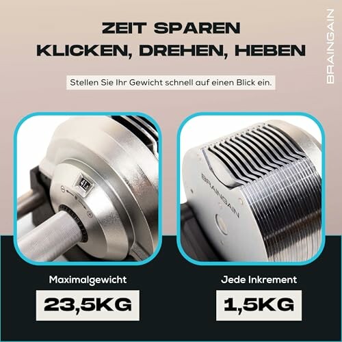 Verstellbare Hanteln mit Gewichtsdetails.