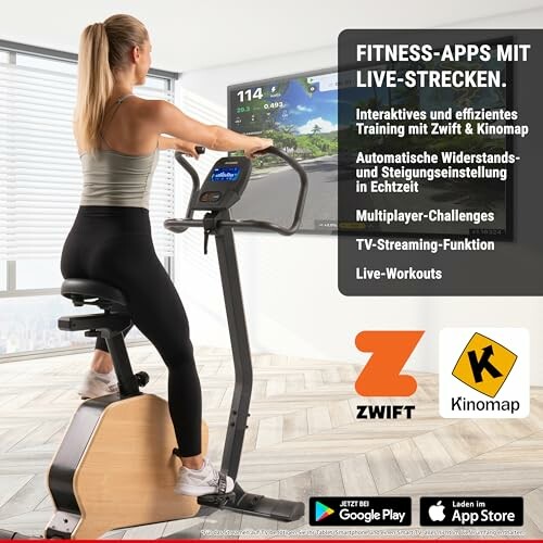 Frau trainiert auf Heimtrainer mit Fitness-Apps.