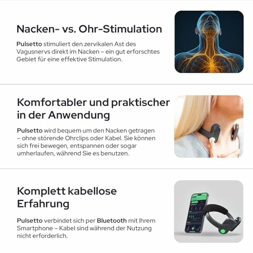 Pulsetto Gerät mit Nacken- und Ohr-Stimulation, komfortable Anwendung, kabellose Bluetooth-Verbindung.