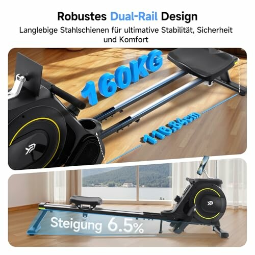 Rudergerät mit robustem Dual-Rail Design und 6,5% Steigung.
