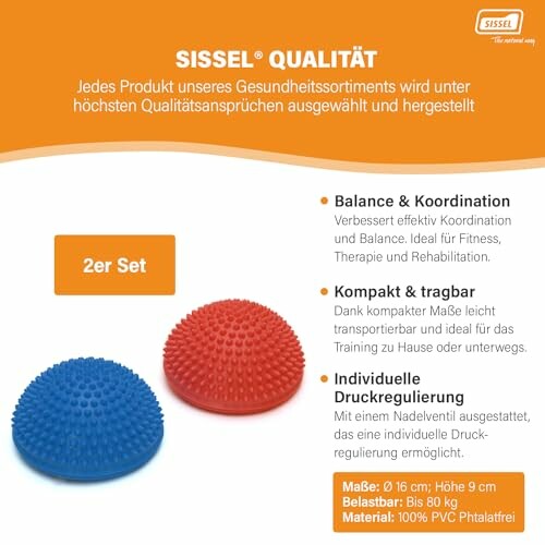 Zwei Balancekissen in Blau und Rot mit Produktinformationen auf Deutsch.